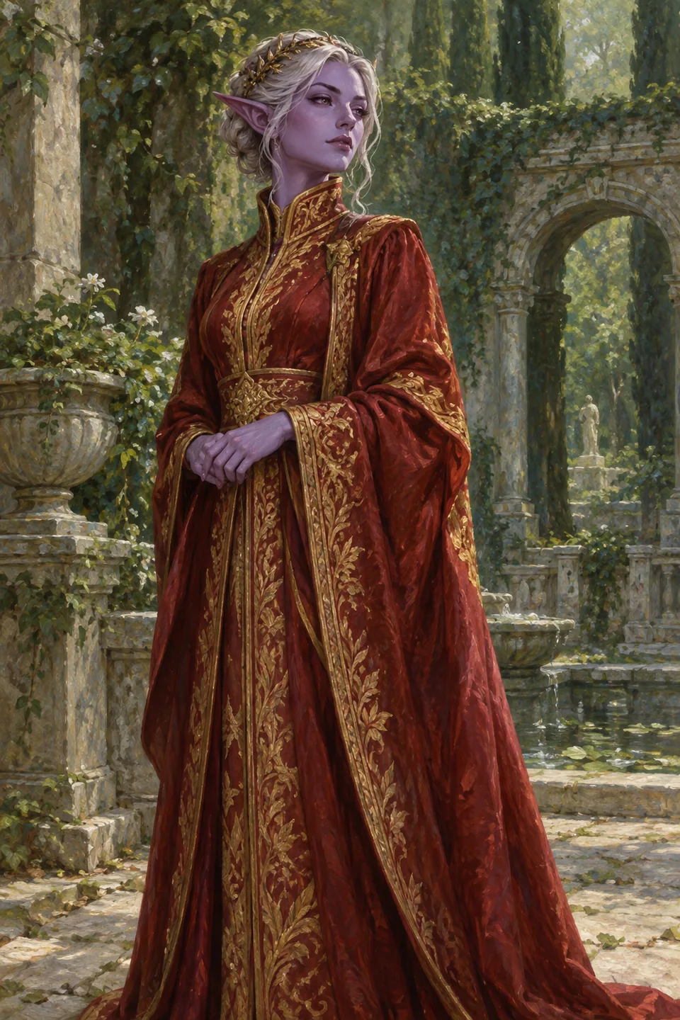 Brand illustration of a fantasy character in an ancient courtyard