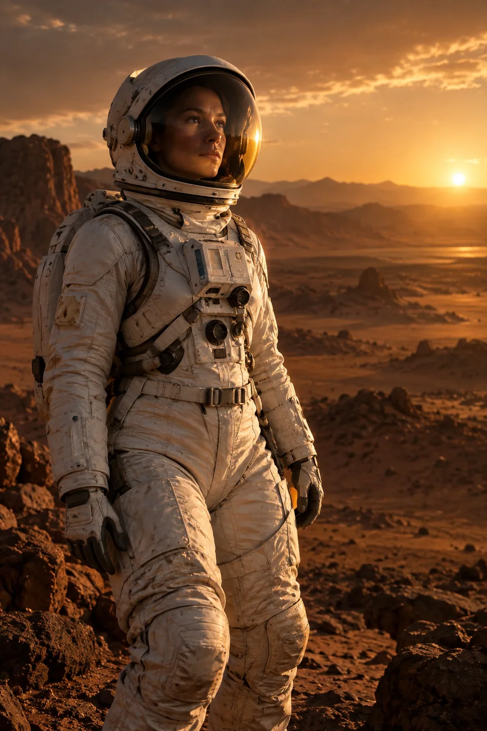 Brand illustration of an explorer on a Martian horizon