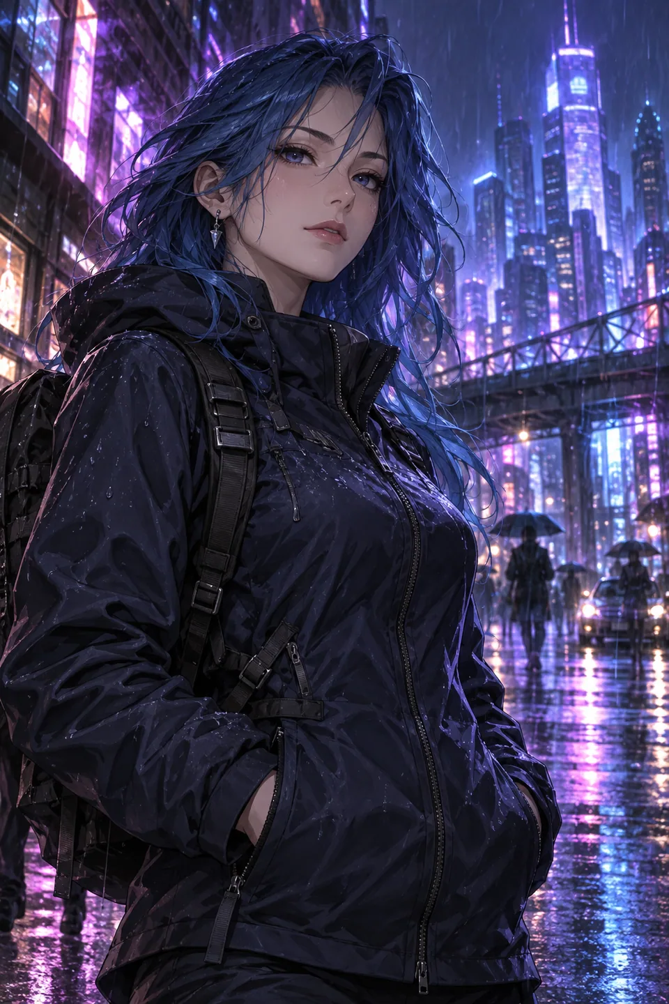 Brand illustration of an original character in a neon city